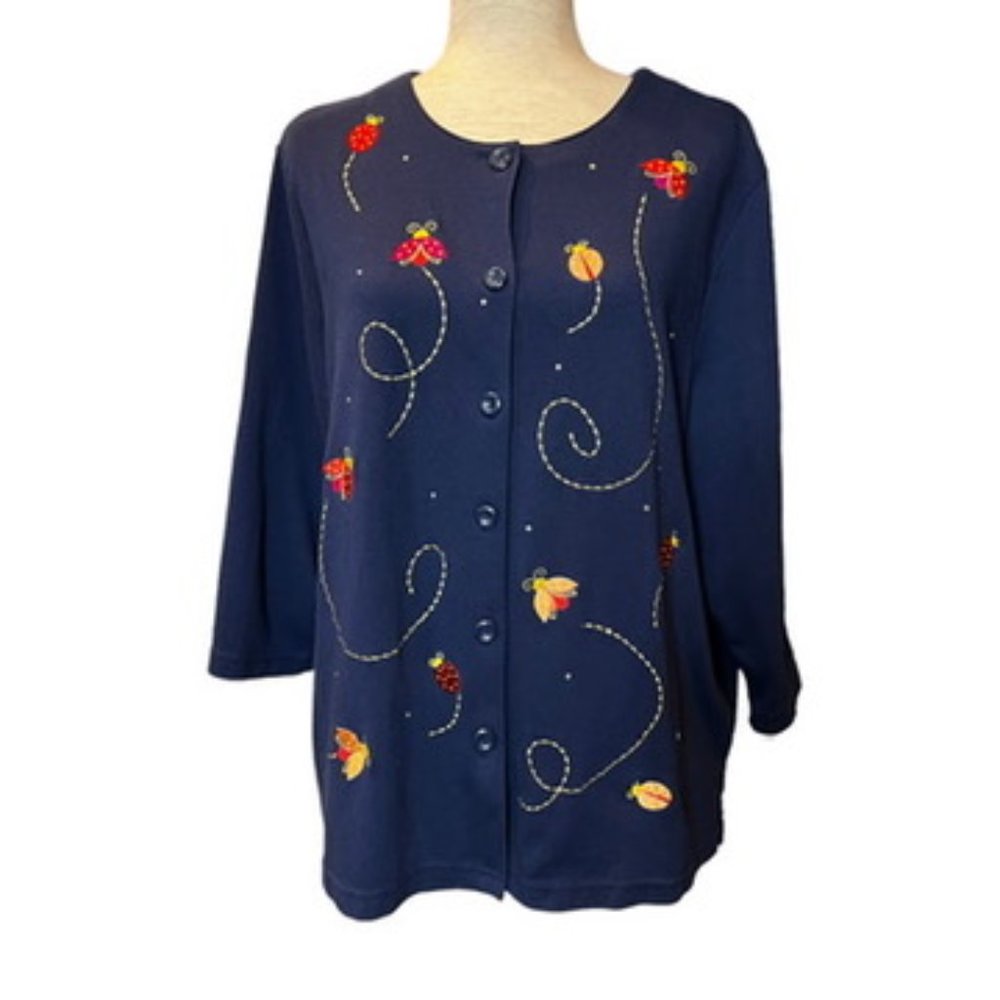 BRECKENRIDGE navy blue button cardigan w/ladybug embroidery Size 2X EUC